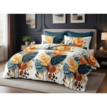 Pościel 160x200 bawełna biała listki PK789 z PRZEŚCIERADŁEM